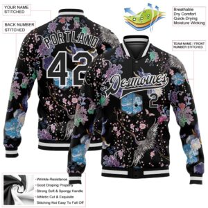 Custom Black White Heron And Flower 3D Pattern Design Bomber Full Snap Baseball Jacket Custom Team Jacket 2 ugbyvc.jpg