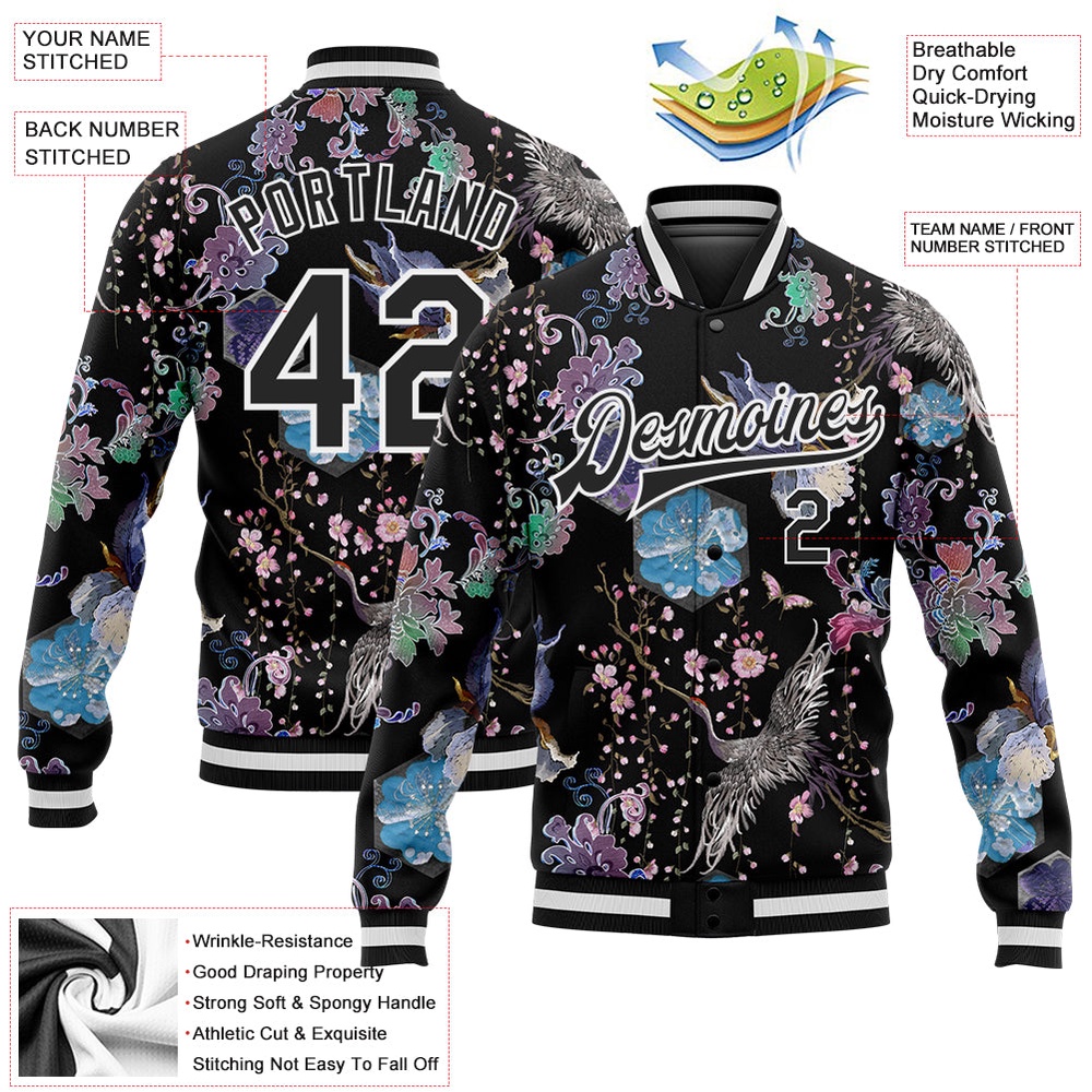 Custom Black White Heron And Flower 3D Pattern Design Bomber Full Snap Baseball Jacket, Custom Team Jacket Custom Black White Heron And Flower 3D Pattern Design Bomber Full Snap Baseball Jacket, Custom Team Jacket