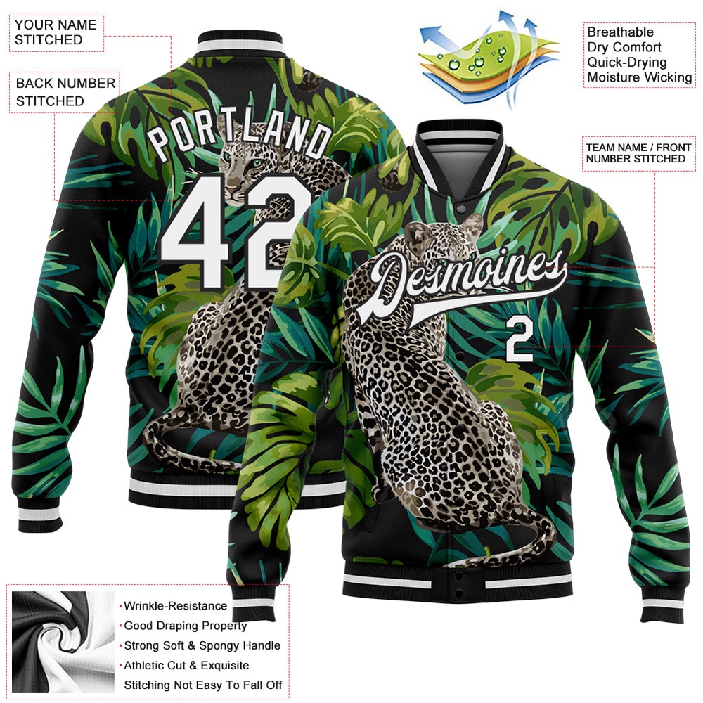 Custom Black White Leopard And Tropical Palm Plants 3D Bomber Full Snap Baseball Jacket, Custom Team Jacket Custom Black White Leopard And Tropical Palm Plants 3D Bomber Full Snap Baseball Jacket, Custom Team Jacket