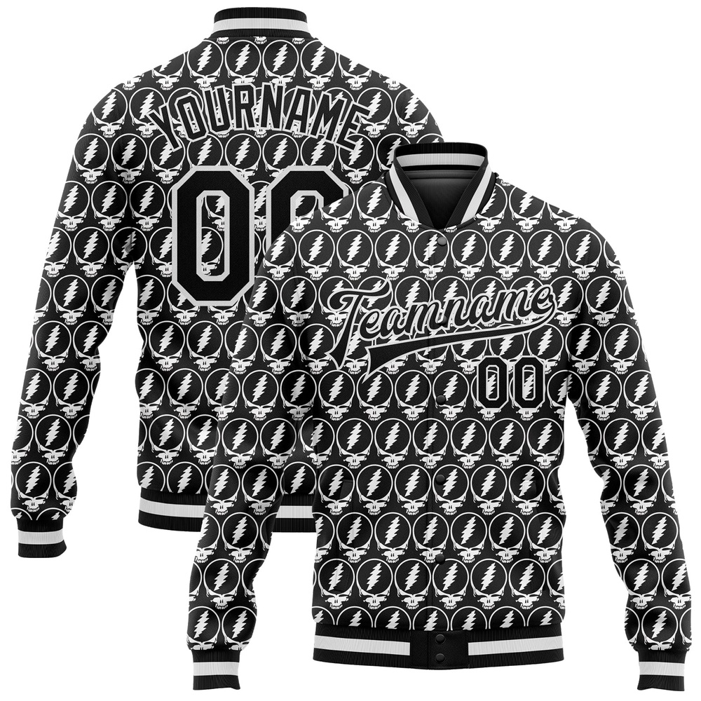 Custom Black White Lightning Skull Fashion 3D Bomber Full Snap Baseball Jacket, Custom Team Jacket Custom Black White Lightning Skull Fashion 3D Bomber Full Snap Baseball Jacket, Custom Team Jacket