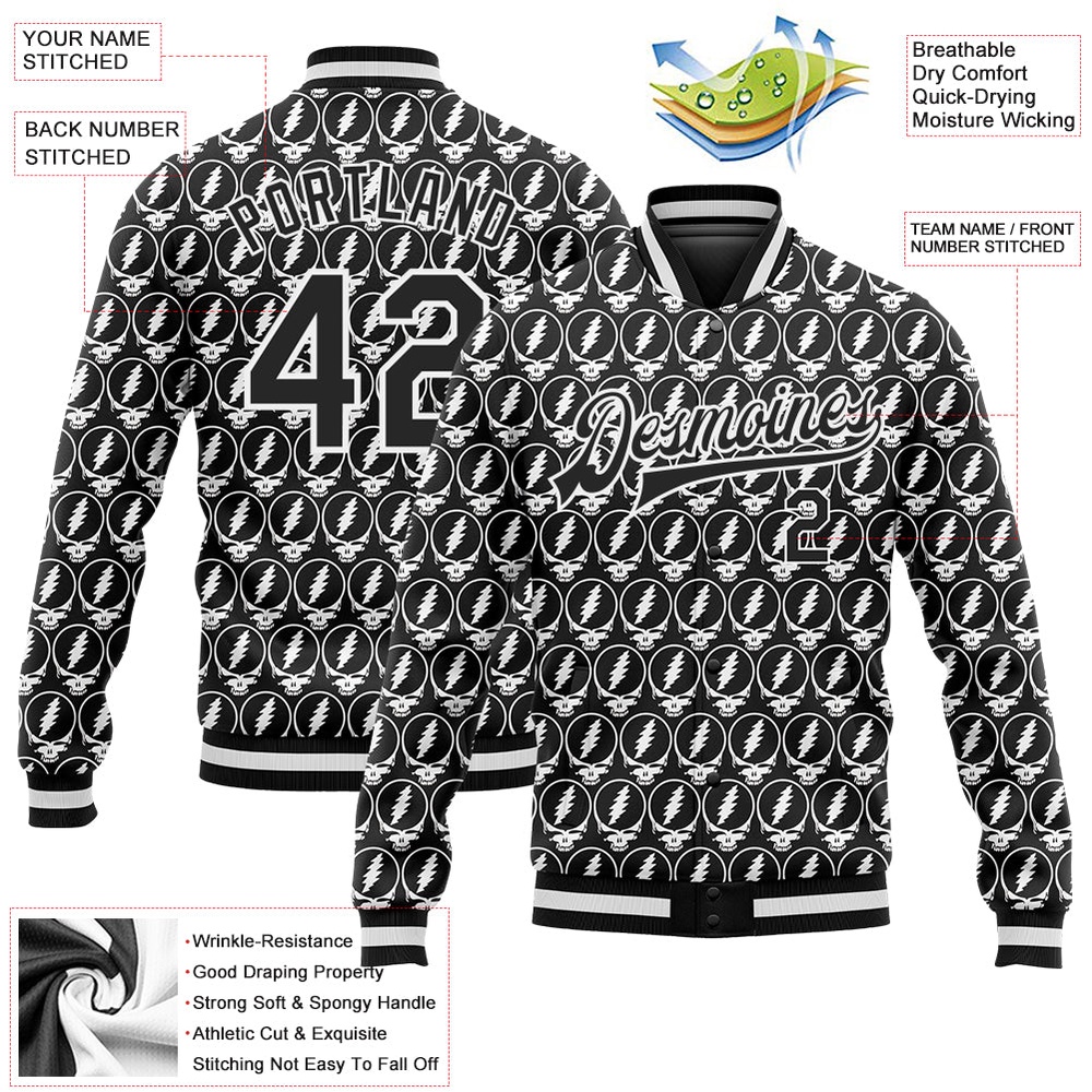 Custom Black White Lightning Skull Fashion 3D Bomber Full Snap Baseball Jacket, Custom Team Jacket Custom Black White Lightning Skull Fashion 3D Bomber Full Snap Baseball Jacket, Custom Team Jacket