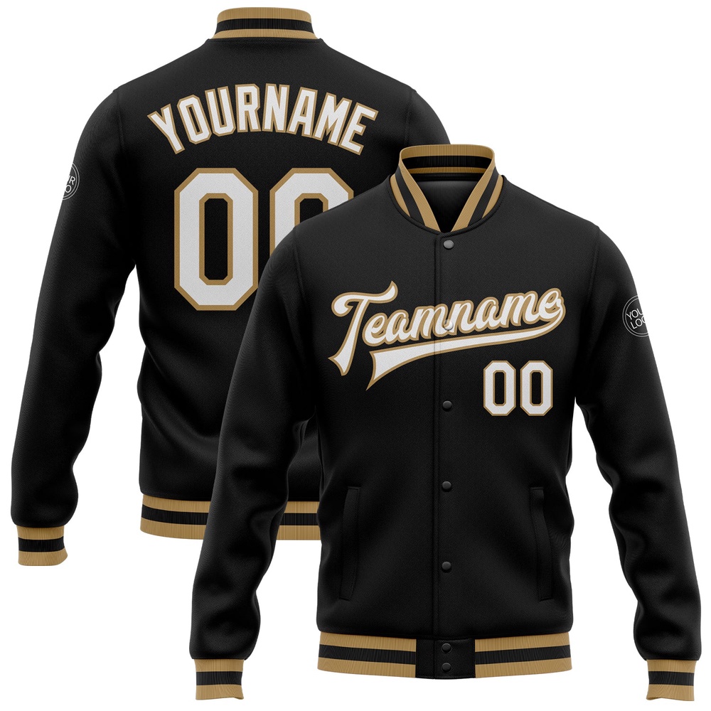 Custom Black White Old Gold Bomber Full Snap Baseball Jacket, Custom Team Jacket Custom Black White Old Gold Bomber Full Snap Baseball Jacket, Custom Team Jacket