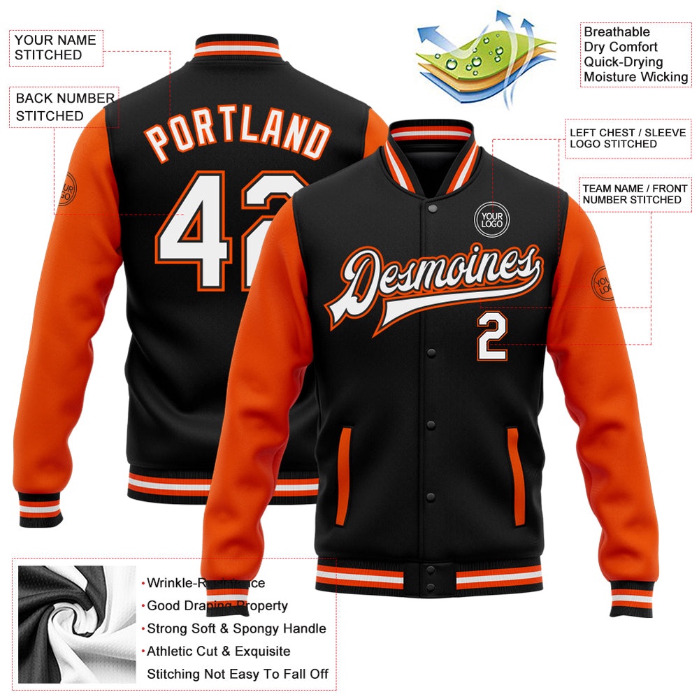 Custom Black White Orange Bomber Full Snap Varsity Baseball Jacket, Custom Team Jacket Custom Black White Orange Bomber Full Snap Varsity Baseball Jacket, Custom Team Jacket