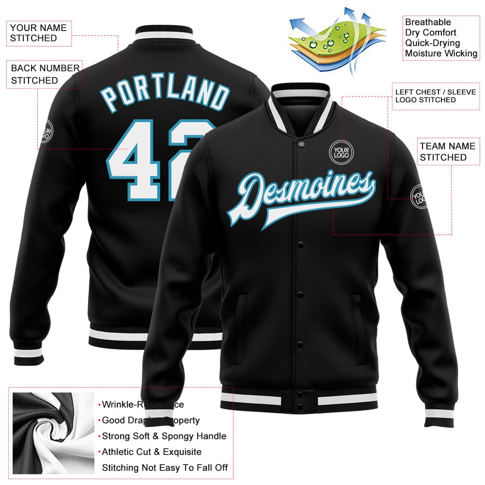 Custom Black White Panther Blue Bomber Full Snap Baseball Jacket, Custom Team Jacket