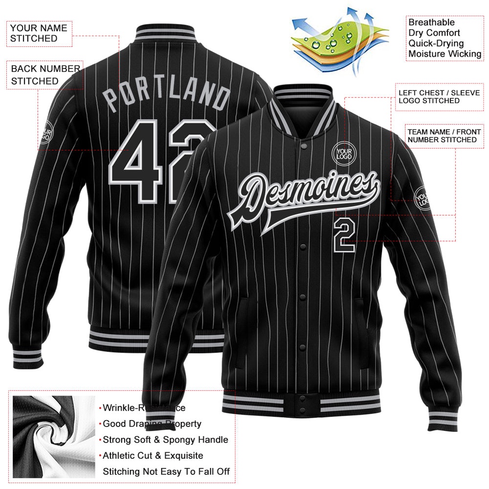 Custom Black White Pinstripe Black Gray Bomber Full Snap Baseball Jacket, Custom Team Jacket