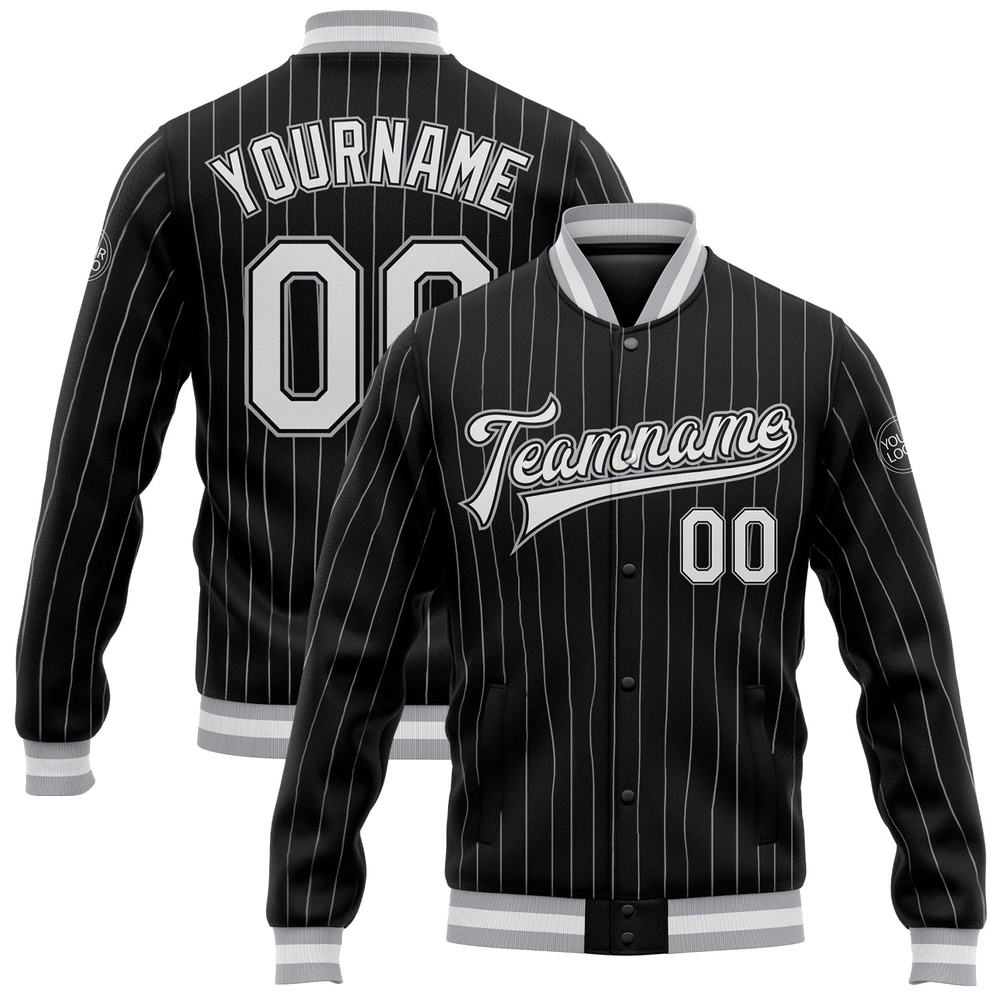 Custom Black White Pinstripe Gray Bomber Full Snap Baseball Jacket, Custom Team Jacket Custom Black White Pinstripe Gray Bomber Full Snap Baseball Jacket, Custom Team Jacket
