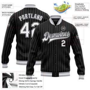 Custom Black White Pinstripe Gray Bomber Full Snap Baseball Jacket Custom Team Jacket 2 vwukly.jpg