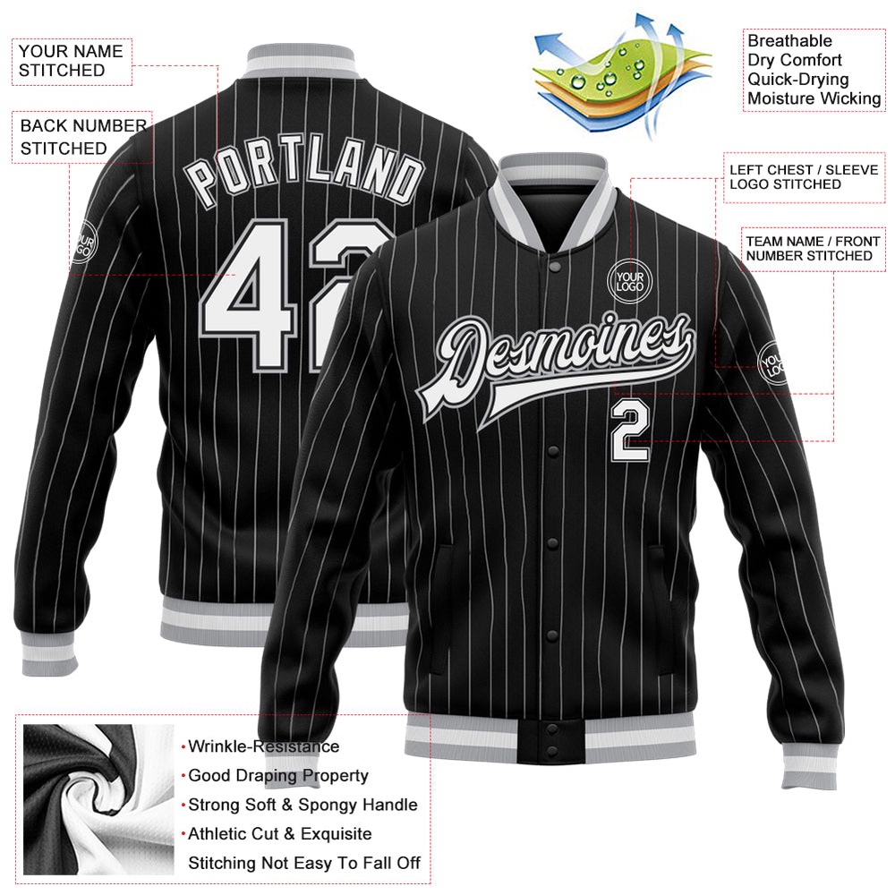 Custom Black White Pinstripe Gray Bomber Full Snap Baseball Jacket, Custom Team Jacket Custom Black White Pinstripe Gray Bomber Full Snap Baseball Jacket, Custom Team Jacket