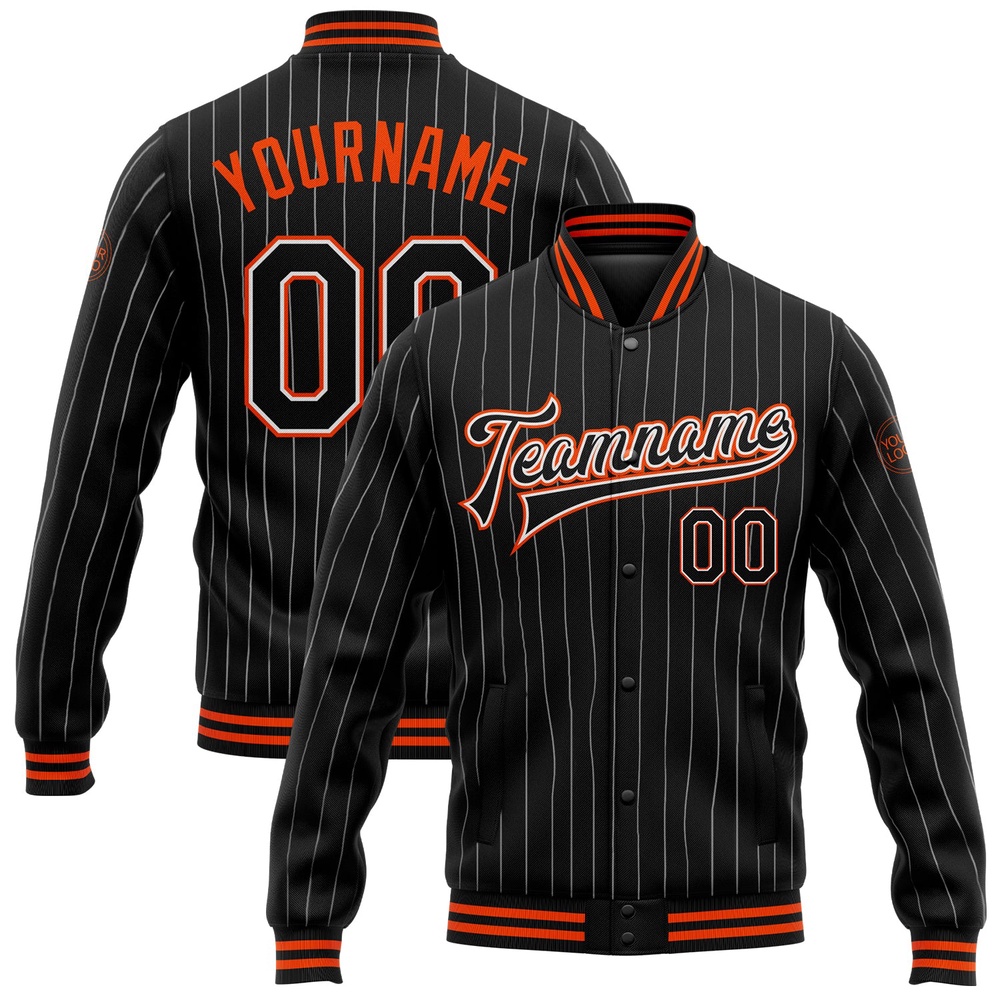 Custom Black White Pinstripe Orange Bomber Full Snap Baseball Jacket, Custom Team Jacket