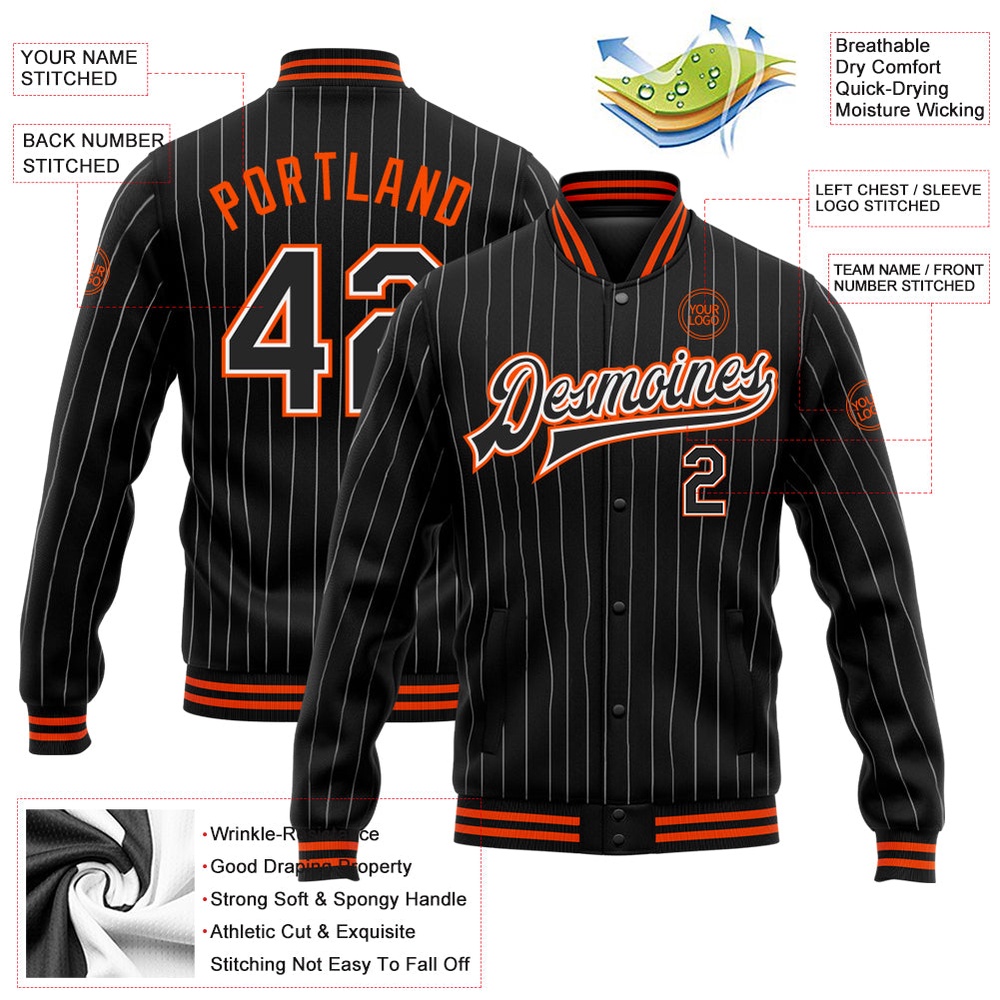 Custom Black White Pinstripe Orange Bomber Full Snap Baseball Jacket, Custom Team Jacket