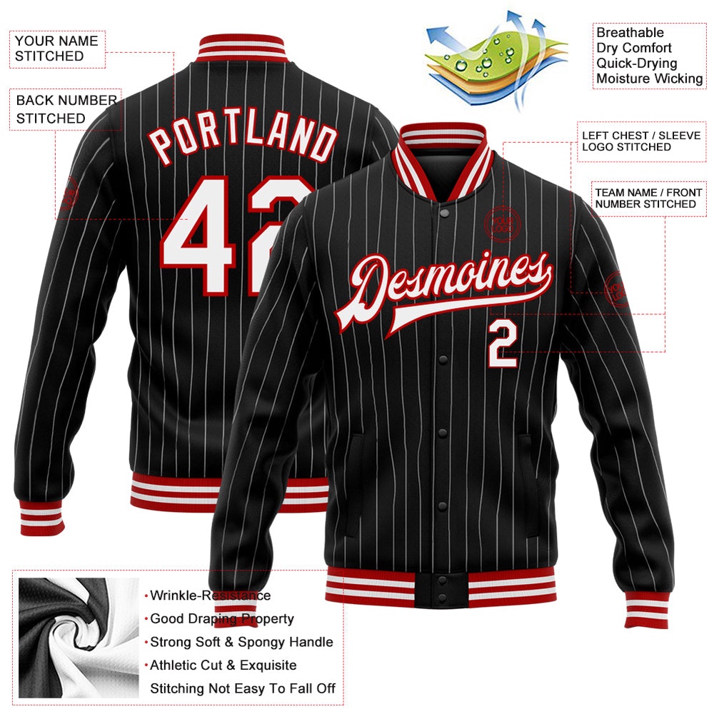 Custom Black White Pinstripe Red Bomber Full Snap Baseball Jacket, Custom Team Jacket