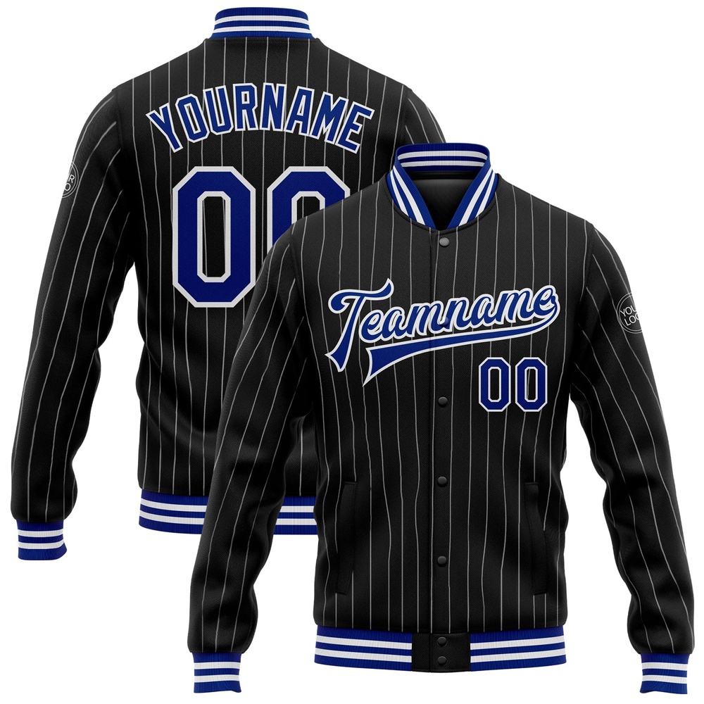 Custom Black White Pinstripe Royal Bomber Full Snap Baseball Jacket, Custom Team Jacket Custom Black White Pinstripe Royal Bomber Full Snap Baseball Jacket, Custom Team Jacket