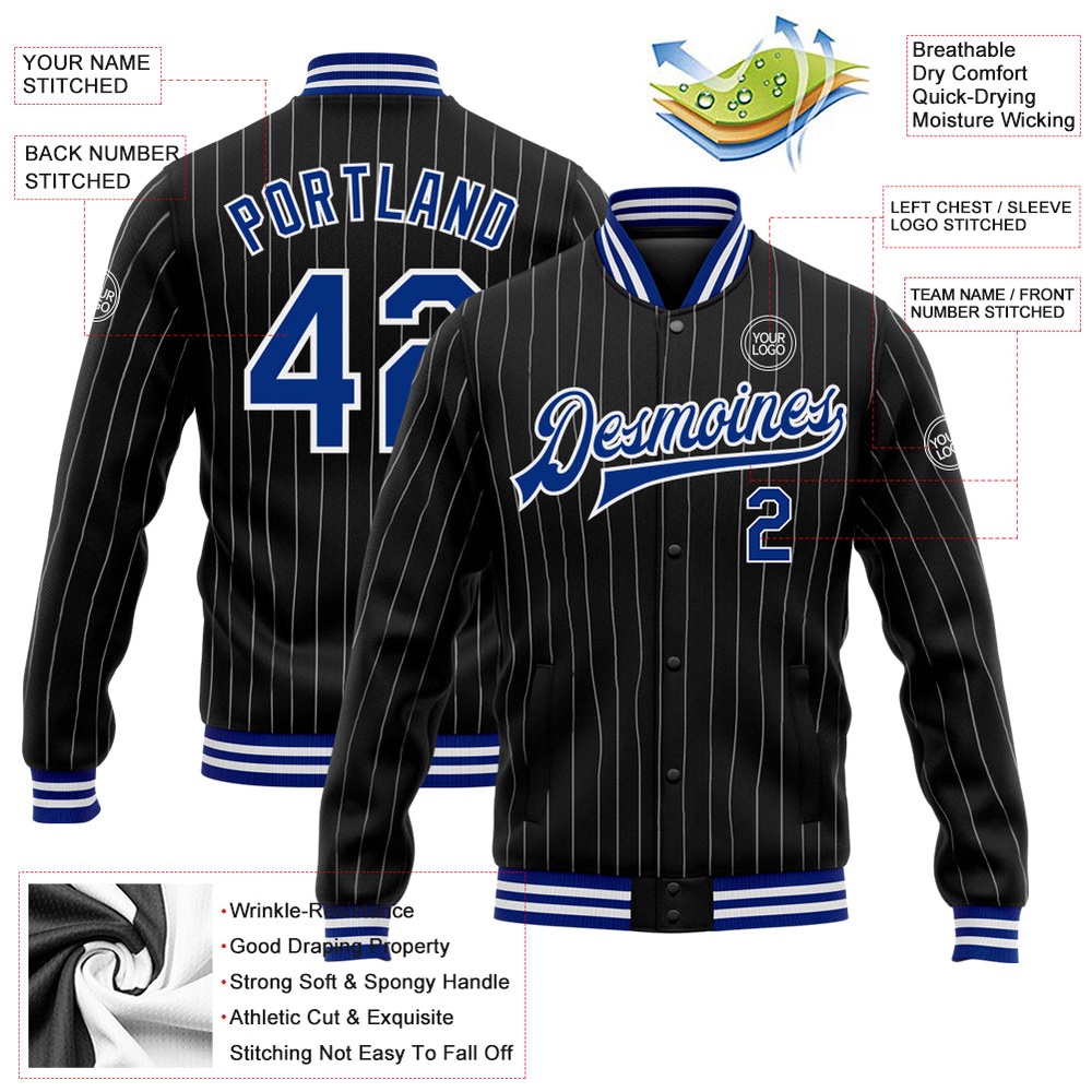 Custom Black White Pinstripe Royal Bomber Full Snap Baseball Jacket, Custom Team Jacket Custom Black White Pinstripe Royal Bomber Full Snap Baseball Jacket, Custom Team Jacket