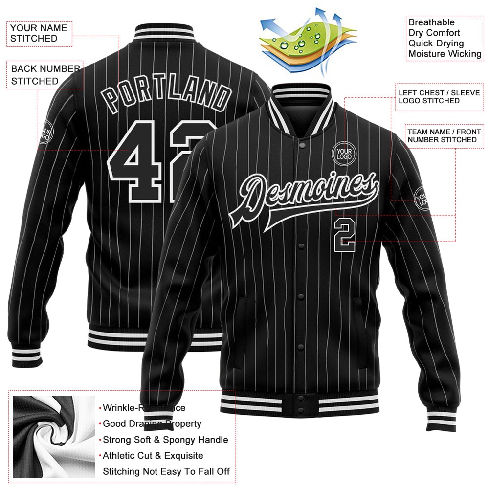 Custom Black White Pinstripe White Bomber Full Snap Baseball Jacket, Custom Team Jacket