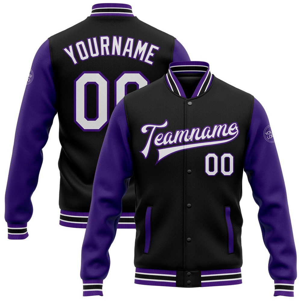 Custom Black White Purple Bomber Full Snap Varsity Baseball Jacket, Custom Team Jacket