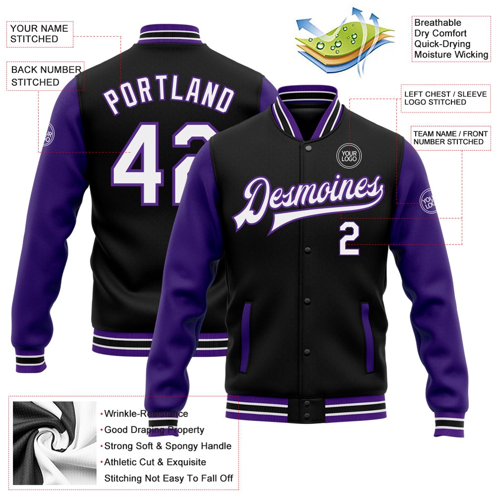 Custom Black White Purple Bomber Full Snap Varsity Baseball Jacket, Custom Team Jacket