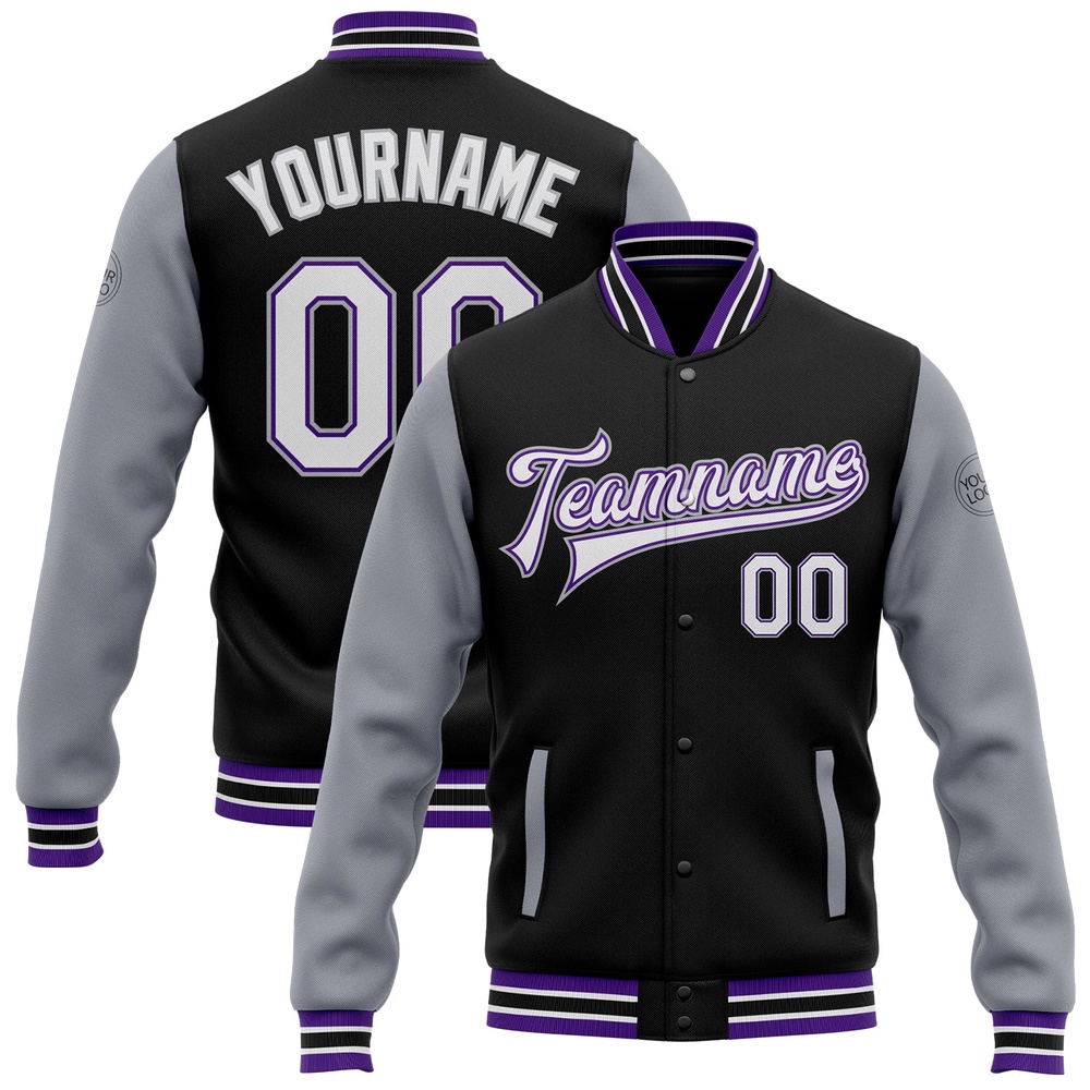 Custom Black White Purple Gray Bomber Full Snap Varsity Baseball Jacket, Custom Team Jacket