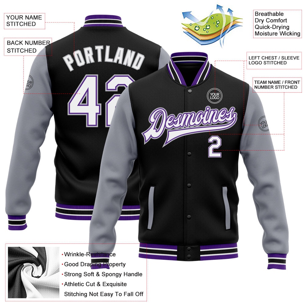 Custom Black White Purple Gray Bomber Full Snap Varsity Baseball Jacket, Custom Team Jacket