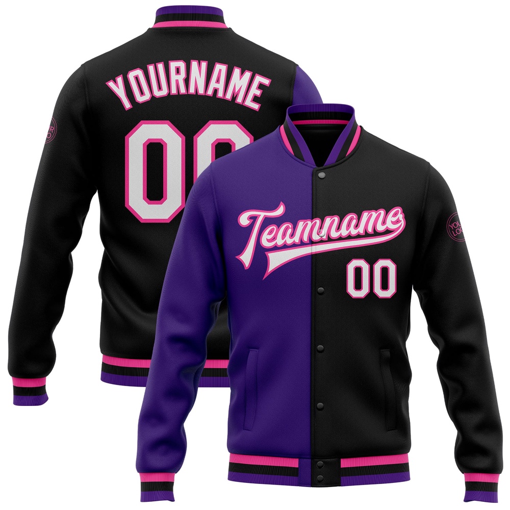 Custom Black White Purple Pink Bomber Full Snap Varsity Letterman Split Fashion Jacket, Custom Team Jacket Custom Black White Purple Pink Bomber Full Snap Varsity Letterman Split Fashion Jacket, Custom Team Jacket