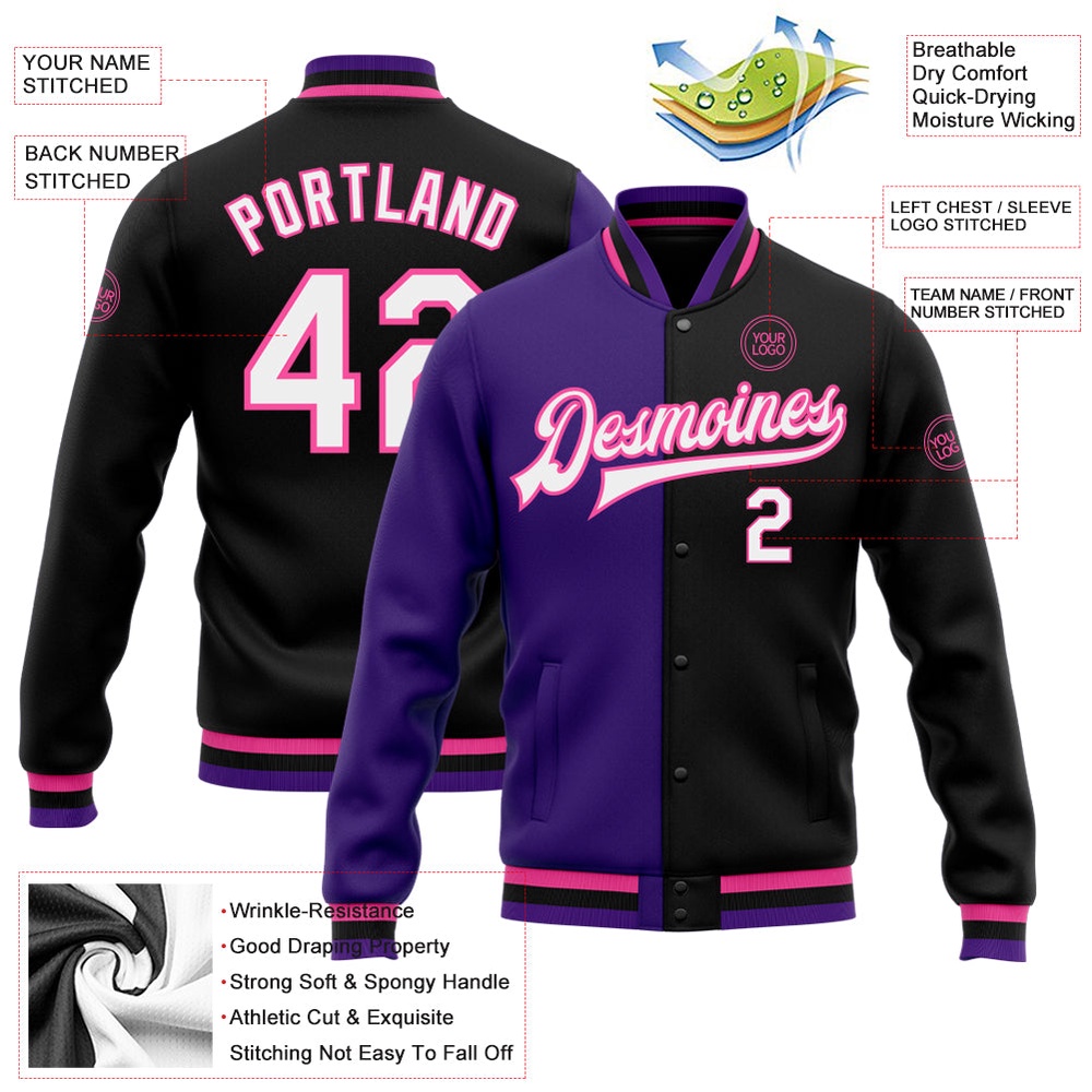 Custom Black White Purple Pink Bomber Full Snap Varsity Letterman Split Fashion Jacket, Custom Team Jacket Custom Black White Purple Pink Bomber Full Snap Varsity Letterman Split Fashion Jacket, Custom Team Jacket
