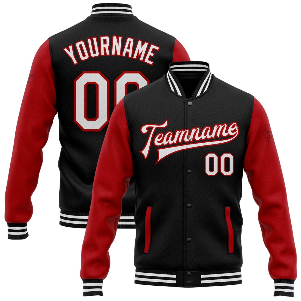 Custom Black White Red Bomber Full Snap Varsity Baseball Jacket, Custom Team Jacket