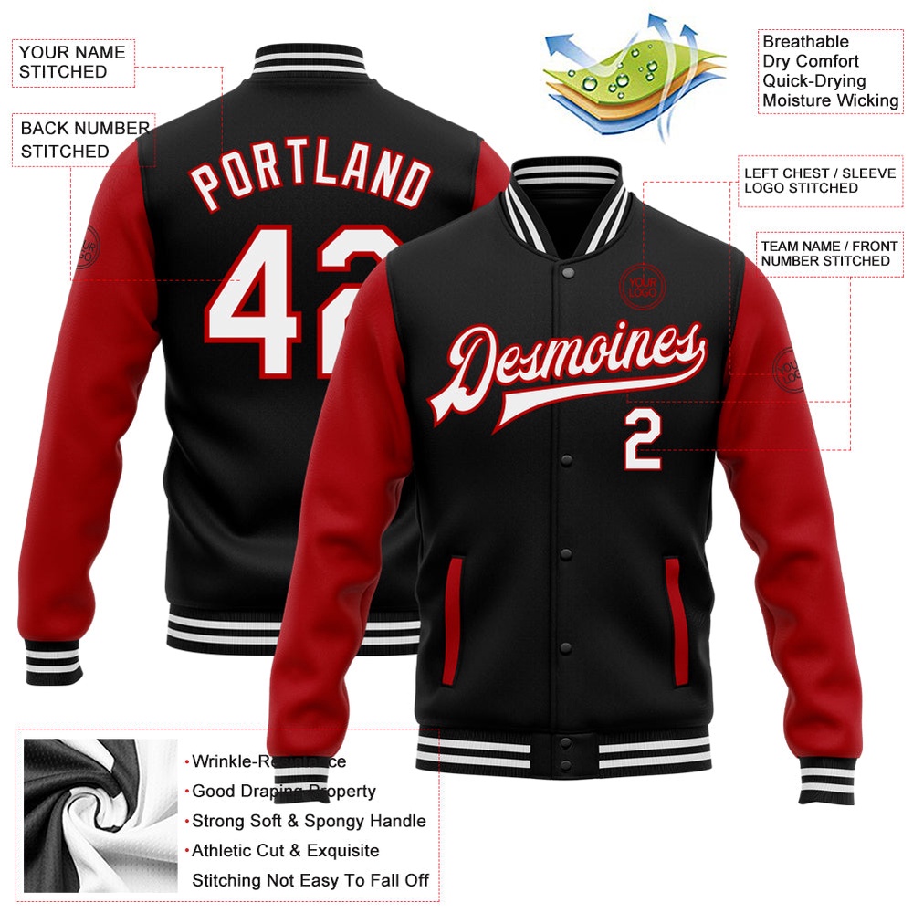 Custom Black White Red Bomber Full Snap Varsity Baseball Jacket, Custom Team Jacket