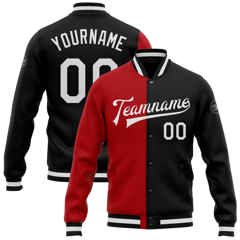 Custom Black White Red Bomber Full Snap Varsity Letterman Split Fashion Jacket, Custom Team Jacket Custom Black White Red Bomber Full Snap Varsity Letterman Split Fashion Jacket, Custom Team Jacket