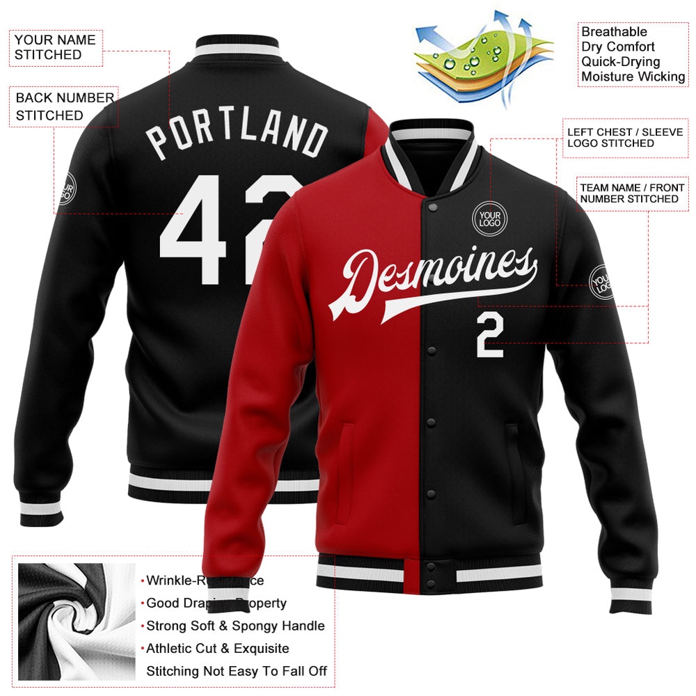 Custom Black White Red Bomber Full Snap Varsity Letterman Split Fashion Jacket, Custom Team Jacket Custom Black White Red Bomber Full Snap Varsity Letterman Split Fashion Jacket, Custom Team Jacket