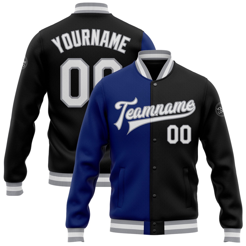 Custom Black White Royal Gray Bomber Full Snap Varsity Letterman Split Fashion Jacket, Custom Team Jacket