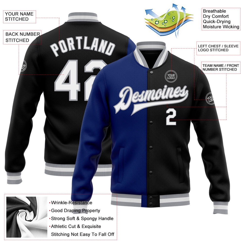 Custom Black White Royal Gray Bomber Full Snap Varsity Letterman Split Fashion Jacket, Custom Team Jacket
