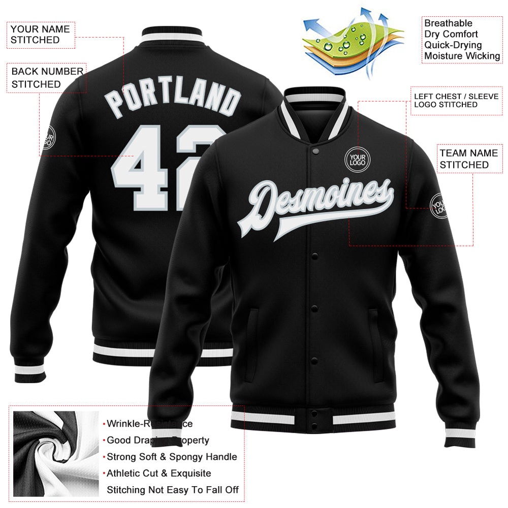 Custom Black White Silver Bomber Full Snap Baseball Jacket, Custom Team Jacket