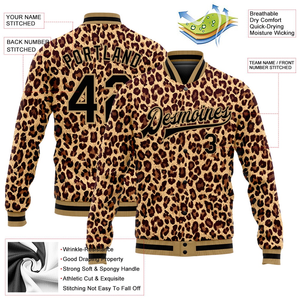 Custom Brown Black Old Gold Leopard 3D Pattern Design Bomber Full Snap Baseball Jacket, Custom Team Jacket