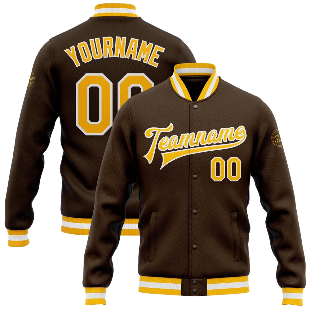 Custom Brown Gold White Bomber Full Snap Baseball Jacket, Custom Team Jacket