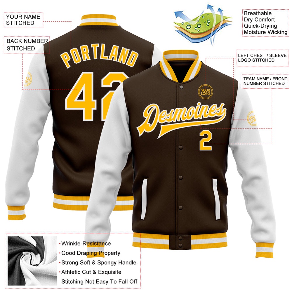 Custom Brown Gold White Bomber Full Snap Varsity Baseball Jacket, Custom Team Jacket