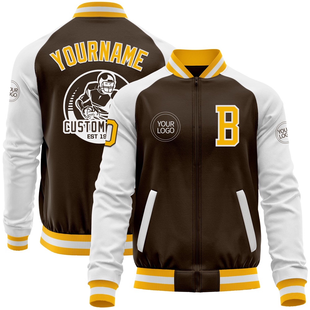 Custom Brown Gold White Bomber Varsity Baseball Jacket, Custom Team Jacket