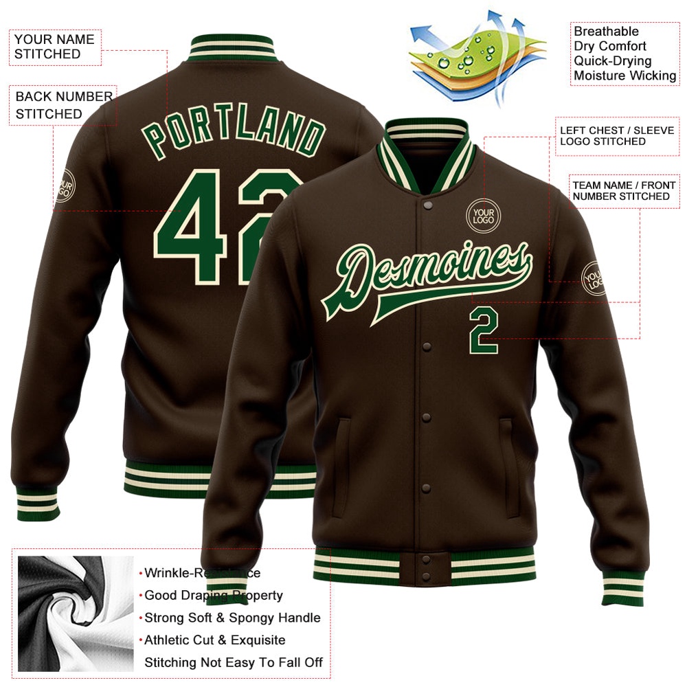 Custom Brown Green Cream Bomber Full Snap Baseball Jacket, Custom Team Jacket