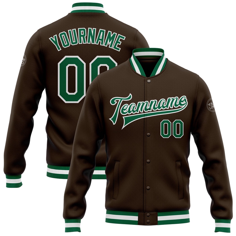 Custom Brown Kelly Green White Bomber Full Snap Baseball Jacket, Custom Team Jacket Custom Brown Kelly Green White Bomber Full Snap Baseball Jacket, Custom Team Jacket