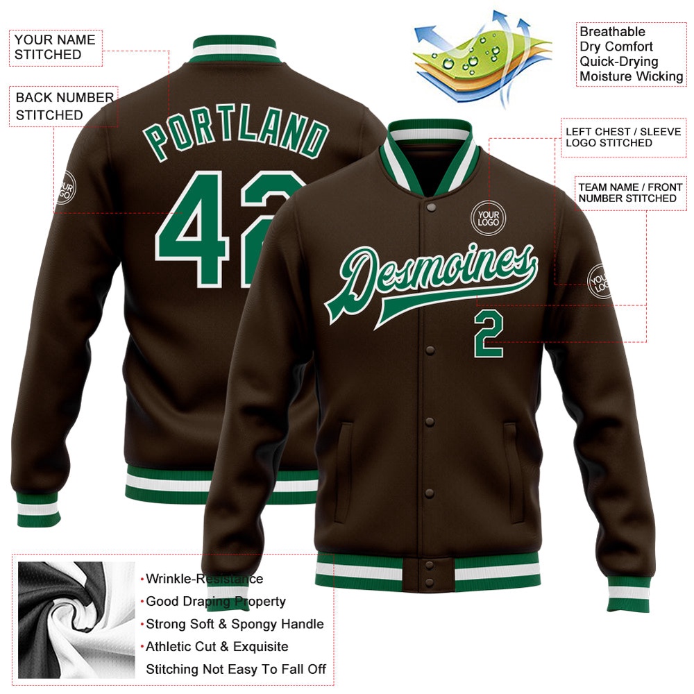 Custom Brown Kelly Green White Bomber Full Snap Baseball Jacket, Custom Team Jacket Custom Brown Kelly Green White Bomber Full Snap Baseball Jacket, Custom Team Jacket