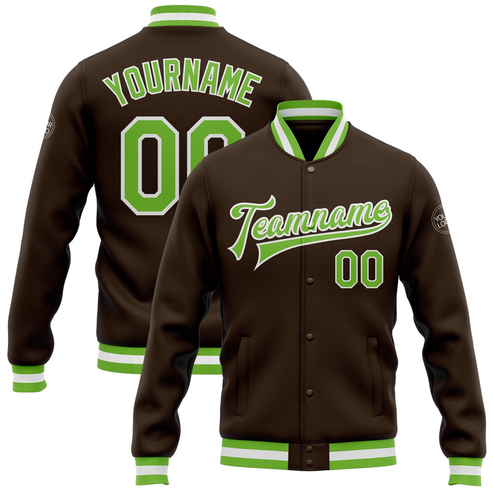 Custom Brown Neon Green White Bomber Full Snap Baseball Jacket, Custom Team Jacket