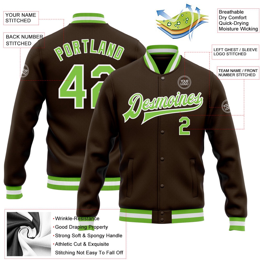 Custom Brown Neon Green White Bomber Full Snap Baseball Jacket, Custom Team Jacket