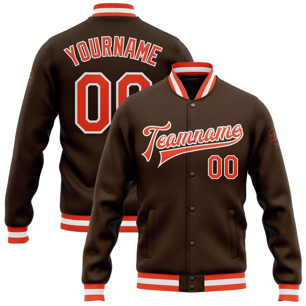 Custom Brown Orange White Bomber Full Snap Baseball Jacket, Custom Team Jacket