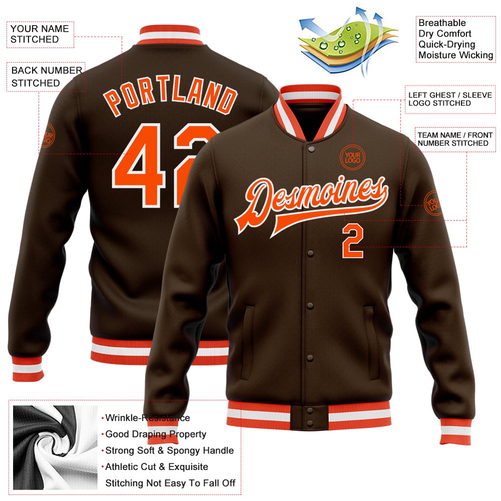 Custom Brown Orange White Bomber Full Snap Baseball Jacket, Custom Team Jacket