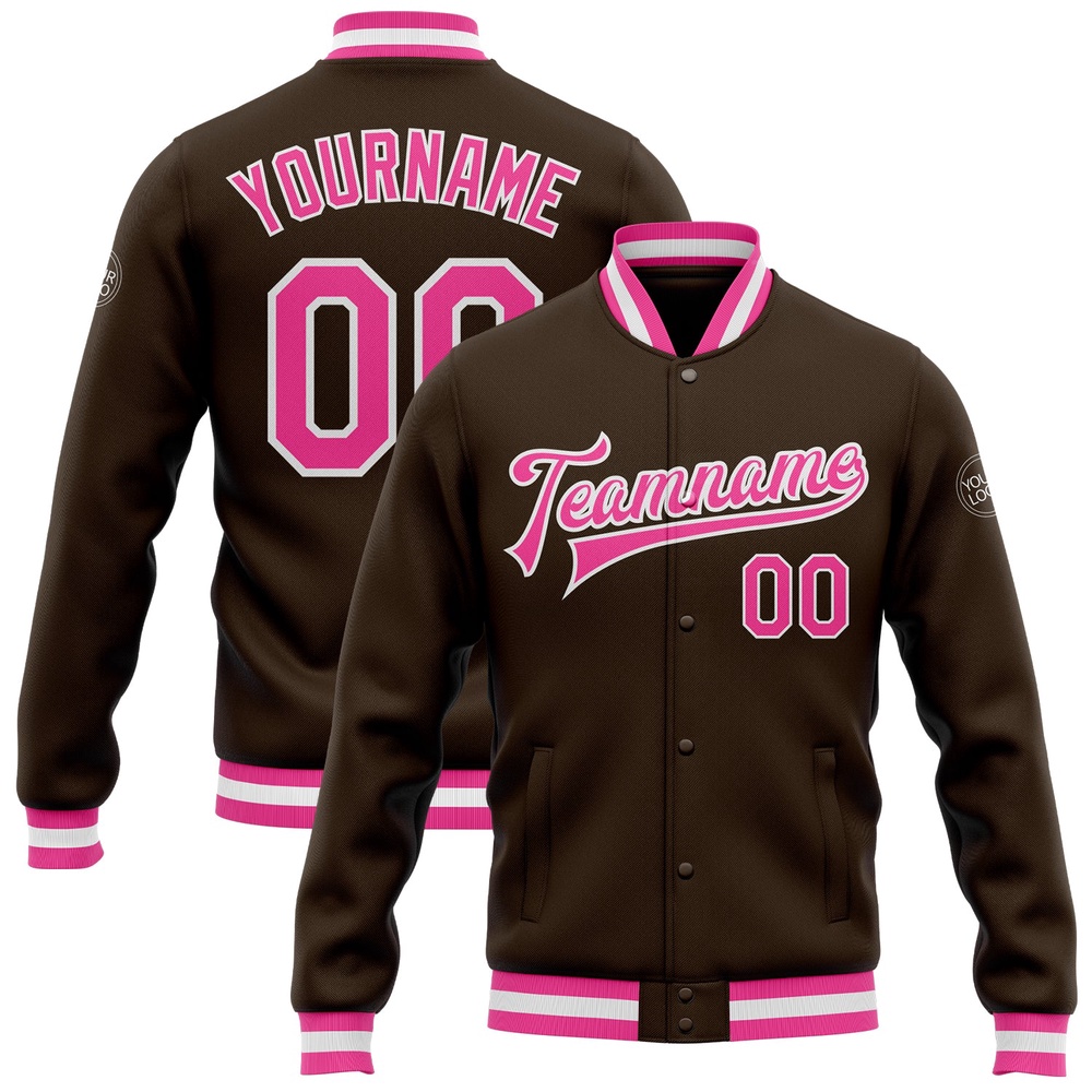 Custom Brown Pink White Bomber Full Snap Baseball Jacket, Custom Team Jacket