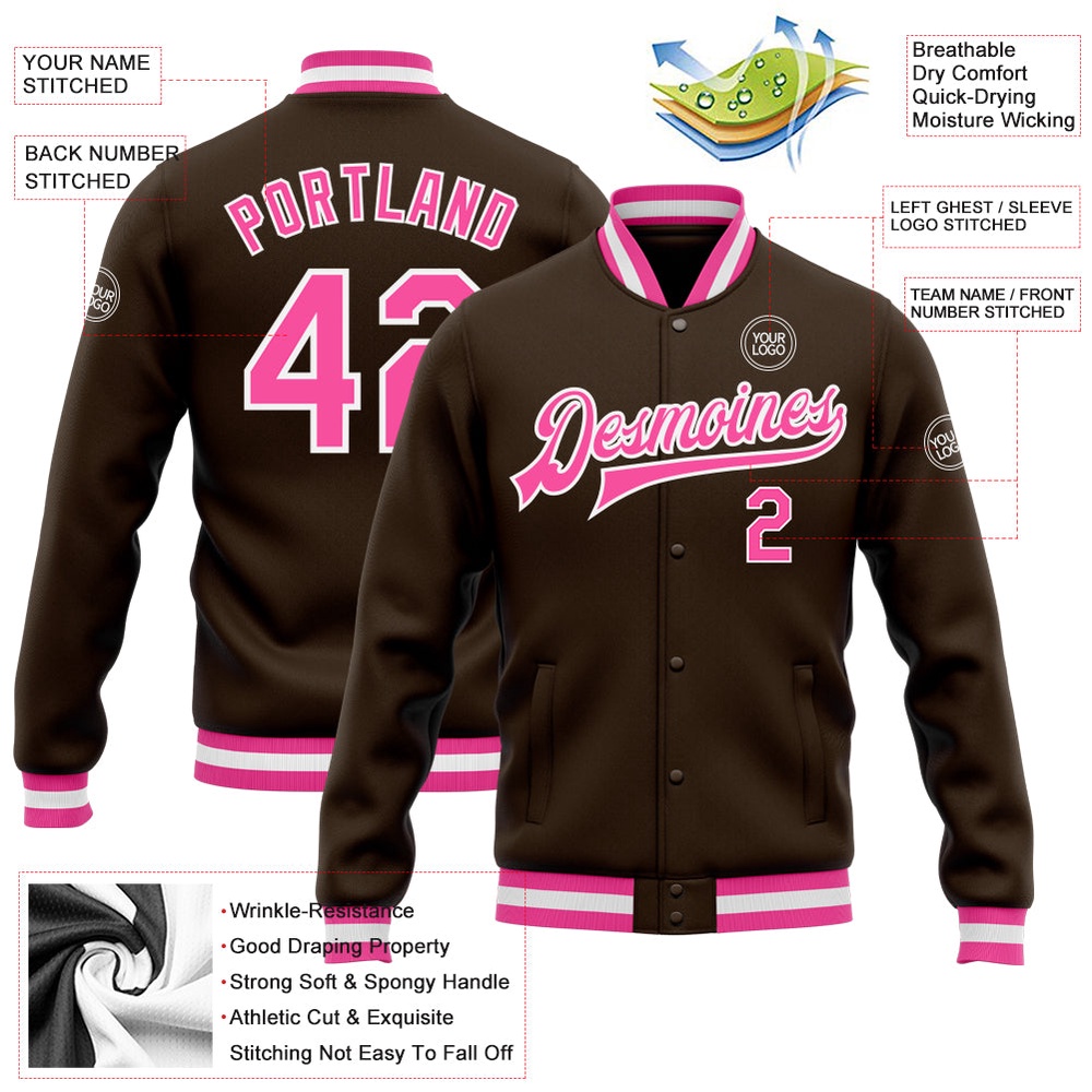 Custom Brown Pink White Bomber Full Snap Baseball Jacket, Custom Team Jacket