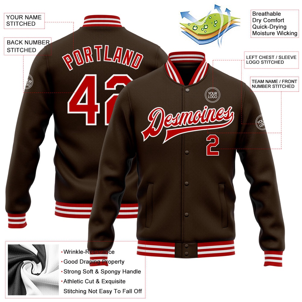 Custom Brown Red White Bomber Full Snap Baseball Jacket, Custom Team Jacket