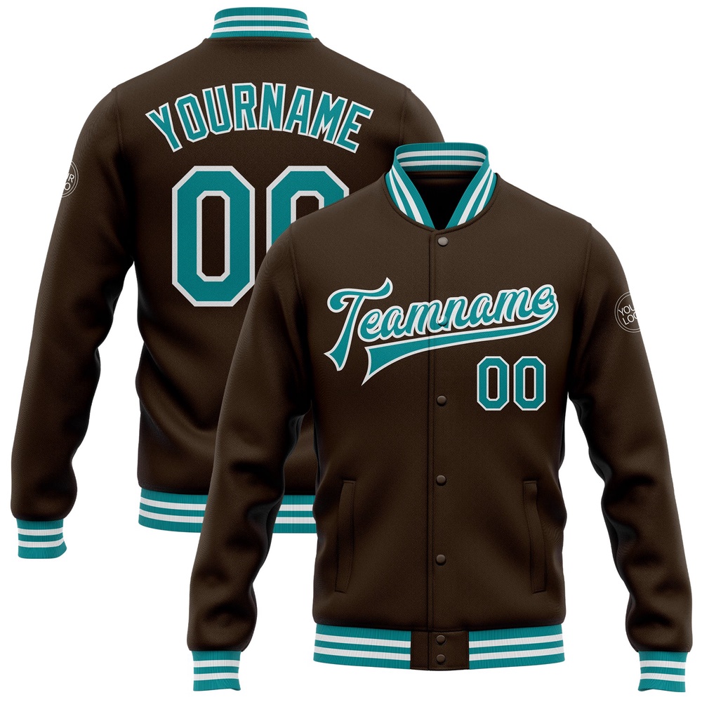 Custom Brown Teal White Bomber Full Snap Baseball Jacket, Custom Team Jacket
