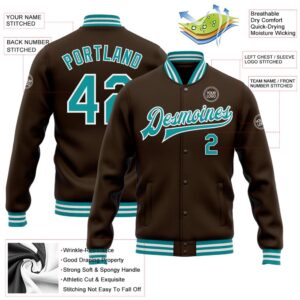 Custom Brown Teal White Bomber Full Snap Baseball Jacket Custom Team Jacket 2 kvelje.jpg