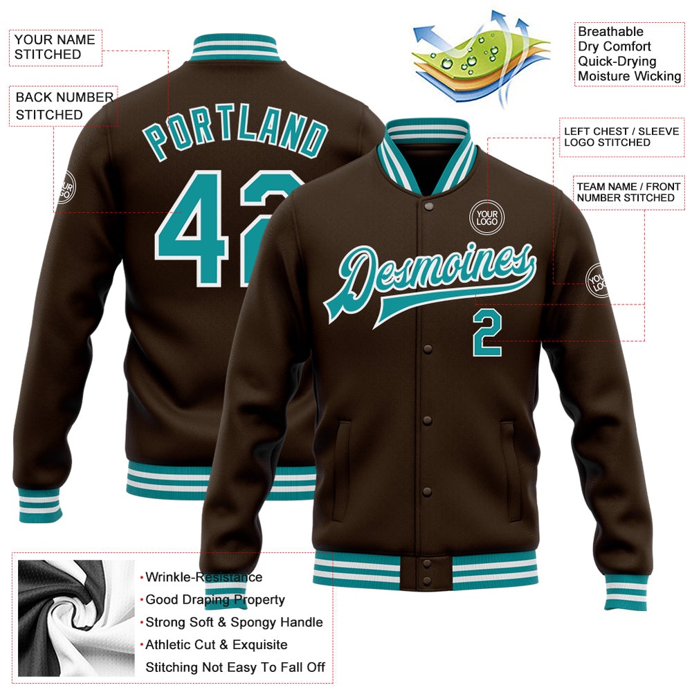 Custom Brown Teal White Bomber Full Snap Baseball Jacket, Custom Team Jacket