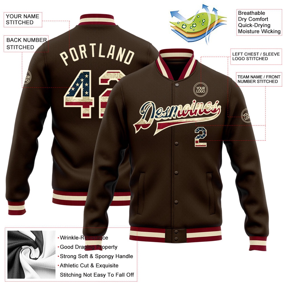 Custom Brown Vintage USA Flag Cream Maroon Bomber Full Snap Baseball Jacket, Custom Team Jacket
