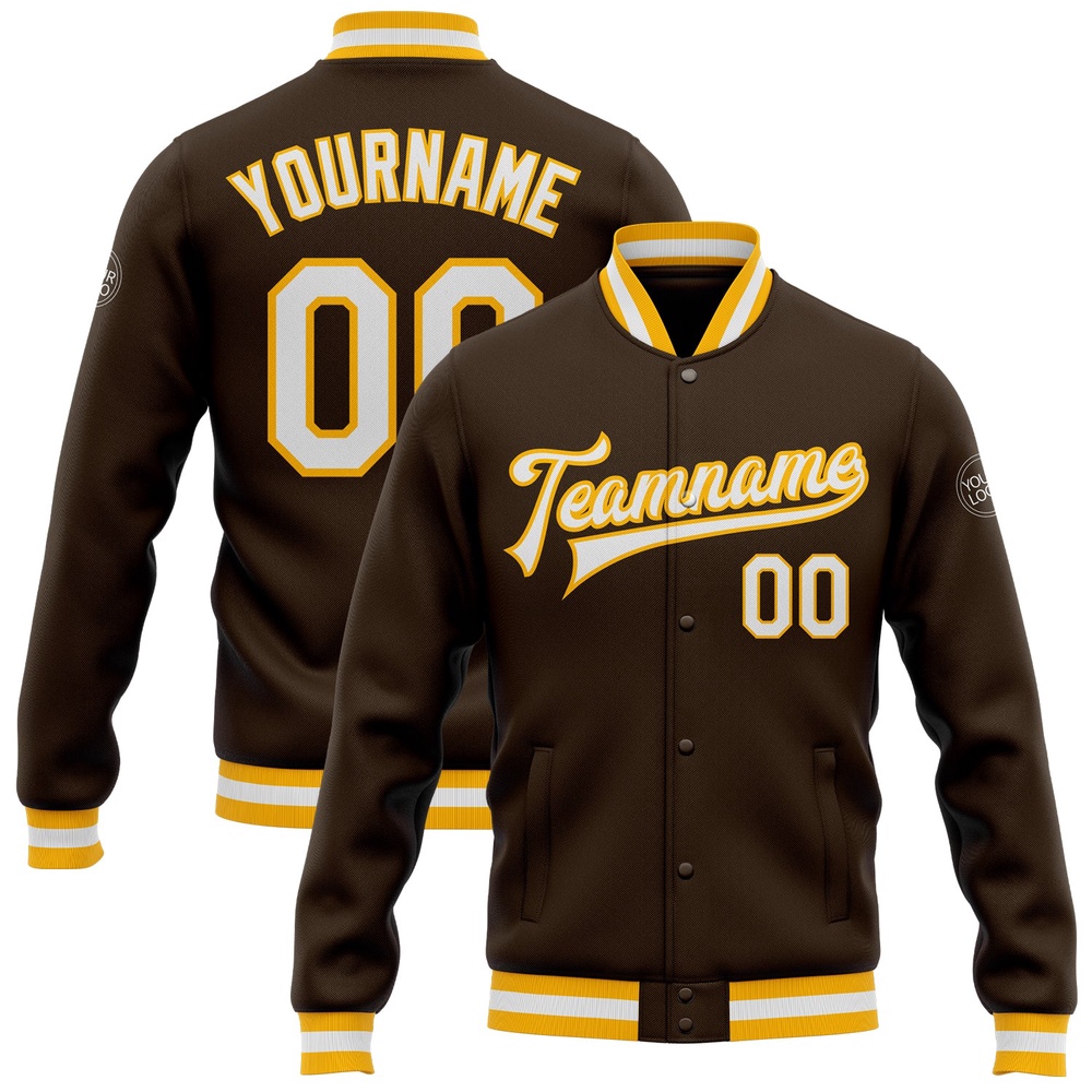 Custom Brown White Gold Bomber Full Snap Baseball Jacket, Custom Team Jacket